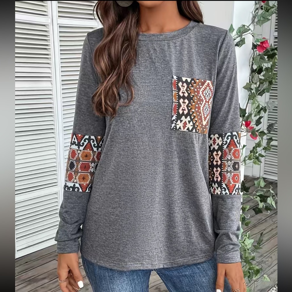 Aztec Print Elbow Patch Long Sleeve Shirt - Picture 5 of 6